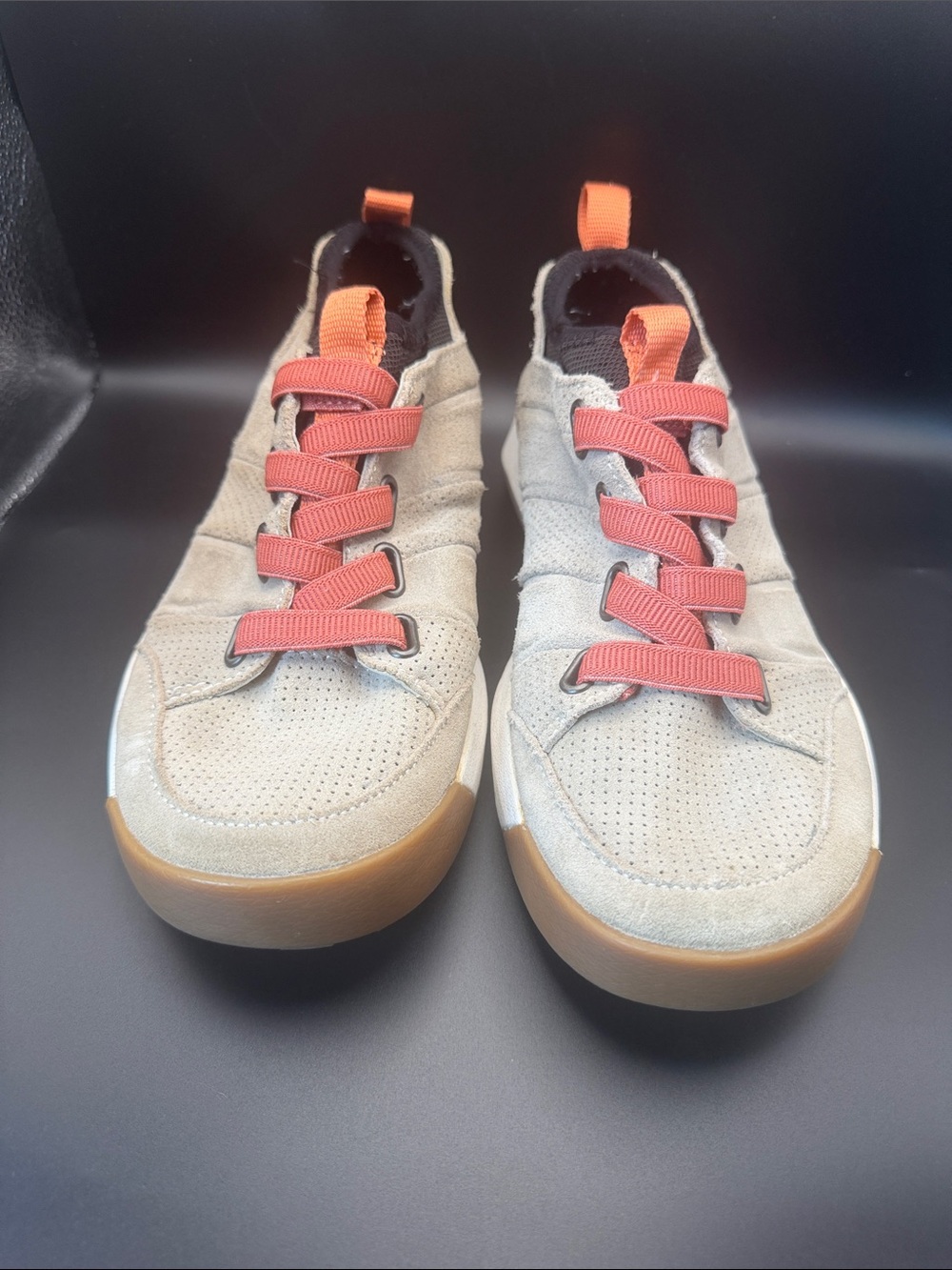 L.L. Bean Beige Suede Sneakers with Orange-Red Laces